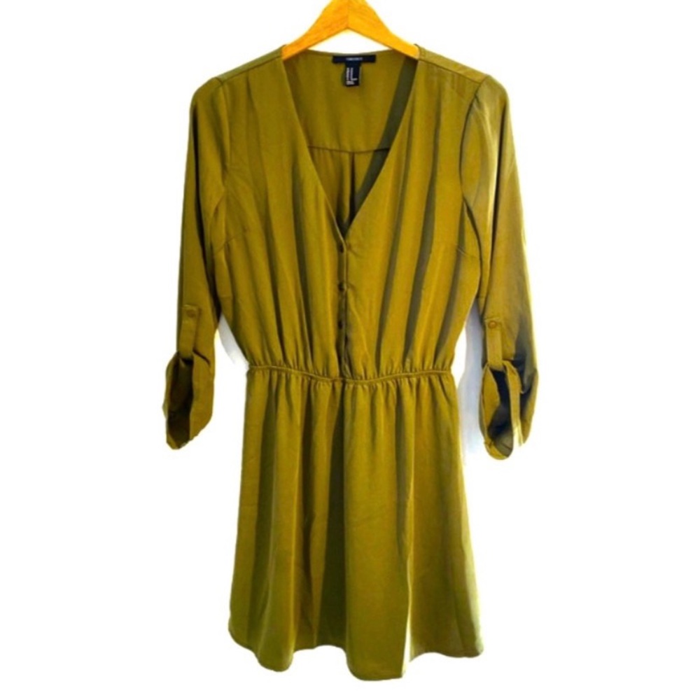 Forever 21 Green Roll Tab Sleeve Shirt Dress Tunic, Size Medium